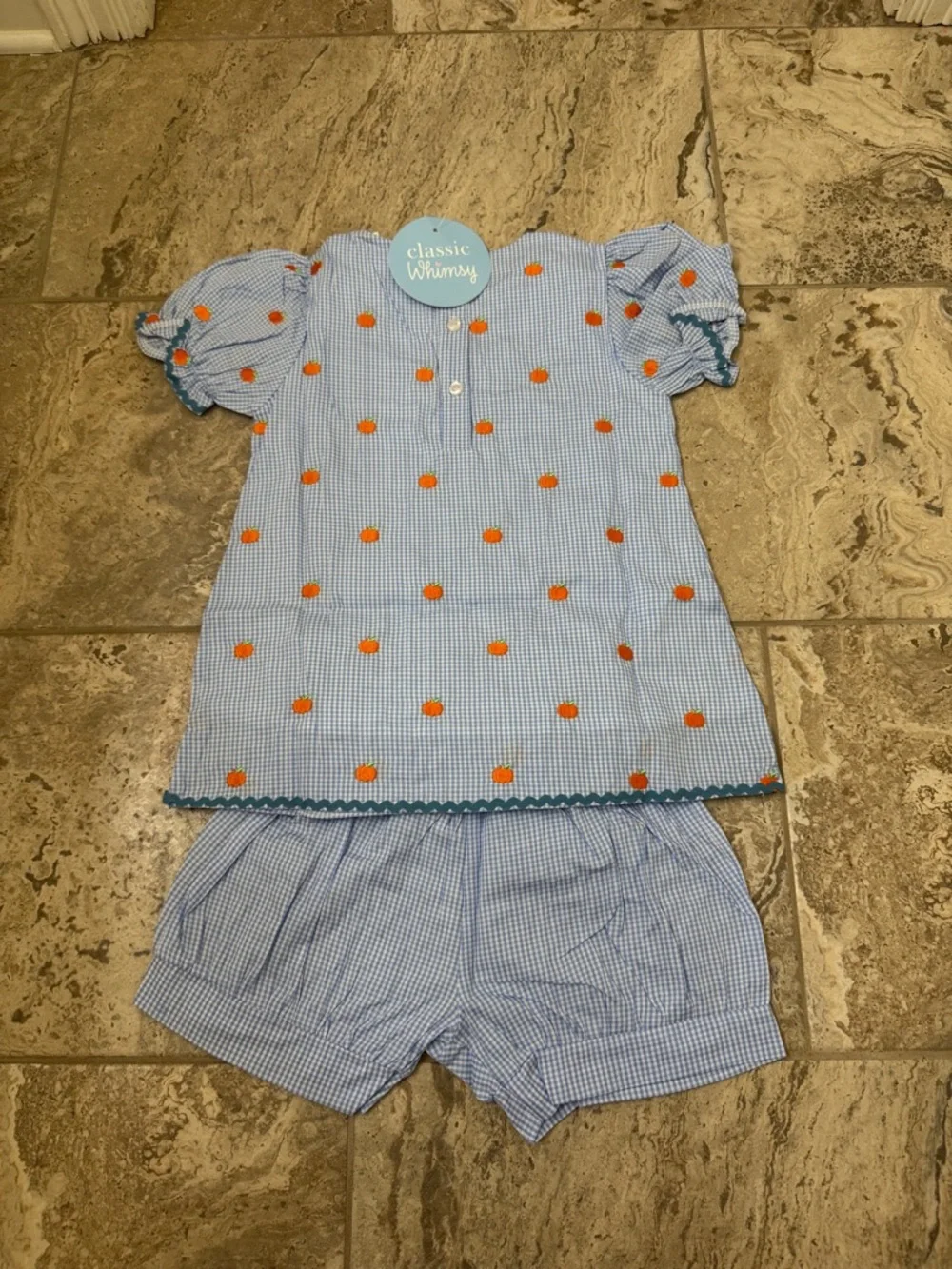 NWT Size 6 Classic Whimsy Blue Gingham Two-Piece Set with Pumpkin Embroidery
